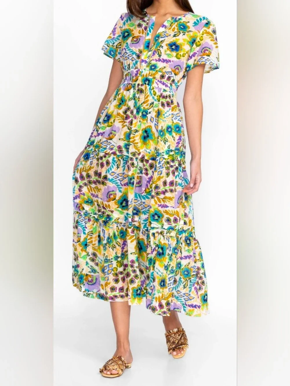 Johnny Was Ikat Bloom Pintuck Tiered Dress - Picture 1 of 8